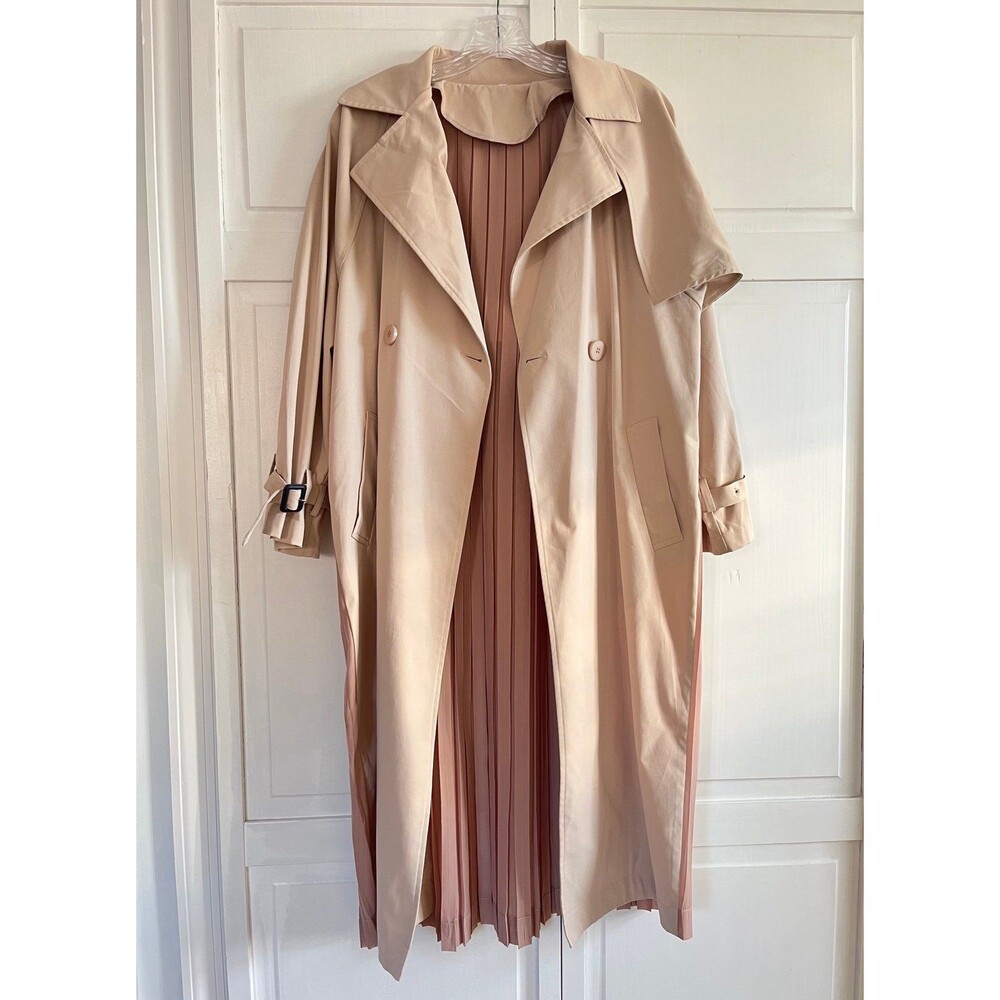 Modern Pleated Back Trench Coat Tan Beige Mixed Media Adjustable Back Belt